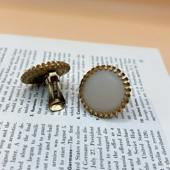 Vintage Triad Clip-On Earrings – Cream Matte Center with Gold Cutout Setting - Picture 8 of 10